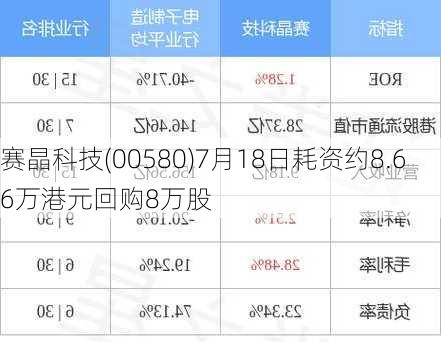 赛晶科技(00580)7月18日耗资约8.66万港元回购8万股