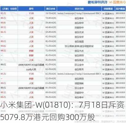 小米集团-W(01810)：7月18日斥资5079.8万港元回购300万股