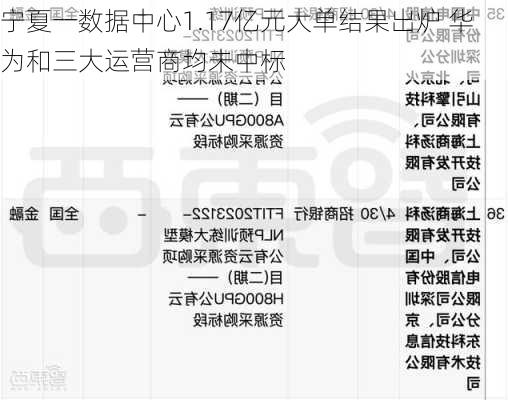 宁夏一数据中心1.17亿元大单结果出炉 华为和三大运营商均未中标