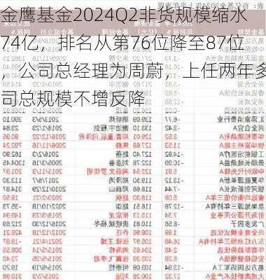 金鹰基金2024Q2非货规模缩水74亿，排名从第76位降至87位，公司总经理为周蔚，上任两年多公司总规模不增反降