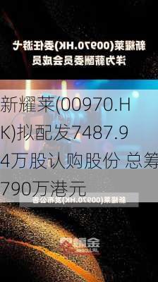 新耀莱(00970.HK)拟配发7487.94万股认购股份 总筹4790万港元