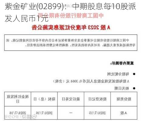 紫金矿业(02899)：中期股息每10股派发人民币1元