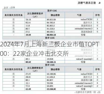 2024年7月上海新三板企业市值TOP100：22家企业冲击北交所