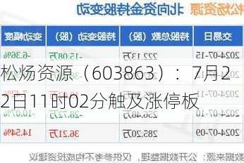 松炀资源（603863）：7月22日11时02分触及涨停板