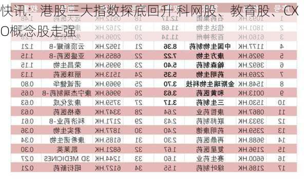 快讯：港股三大指数探底回升 科网股、教育股、CXO概念股走强