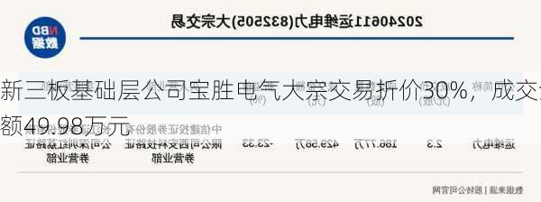 新三板基础层公司宝胜电气大宗交易折价30%，成交金额49.98万元