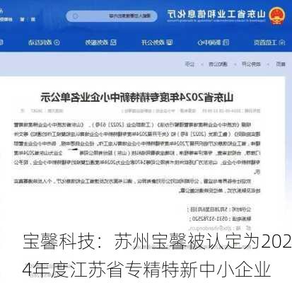 宝馨科技：苏州宝馨被认定为2024年度江苏省专精特新中小企业