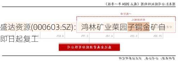 盛达资源(000603.SZ)：鸿林矿业菜园子铜金矿自即日起复工