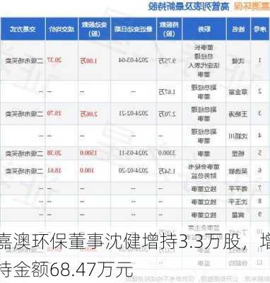 嘉澳环保董事沈健增持3.3万股，增持金额68.47万元