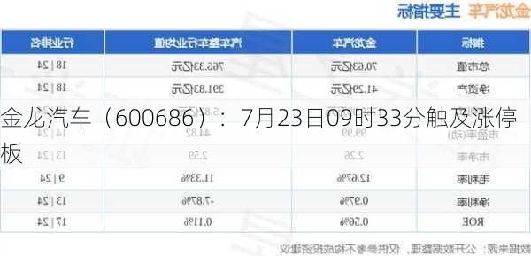 金龙汽车（600686）：7月23日09时33分触及涨停板