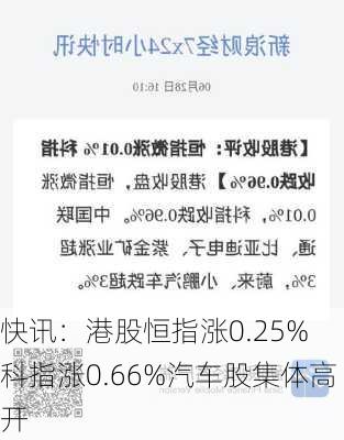 快讯：港股恒指涨0.25% 科指涨0.66%汽车股集体高开