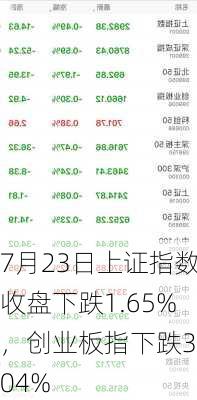 7月23日上证指数收盘下跌1.65%，创业板指下跌3.04%