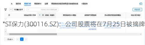 *ST保力(300116.SZ)：公司股票将在7月25日被摘牌