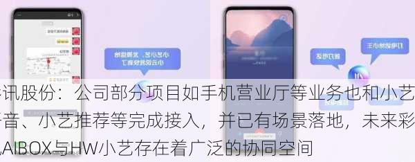 彩讯股份：公司部分项目如手机营业厅等业务也和小艺语音、小艺推荐等完成接入，并已有场景落地，未来彩讯AIBOX与HW小艺存在着广泛的协同空间