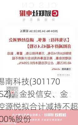 锡南科技(301170.SZ)：金投信安、金控源悦拟合计减持不超1.00%股份