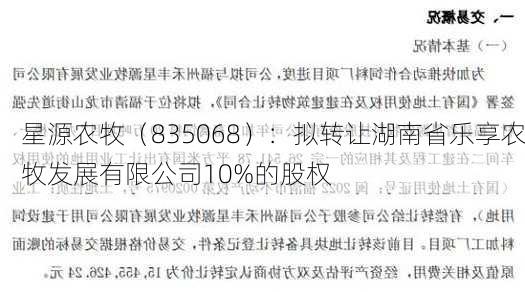 星源农牧（835068）：拟转让湖南省乐享农牧发展有限公司10%的股权