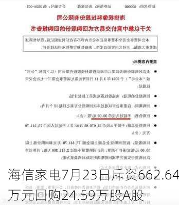 海信家电7月23日斥资662.64万元回购24.59万股A股