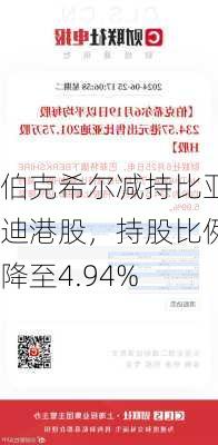 伯克希尔减持比亚迪港股，持股比例降至4.94%