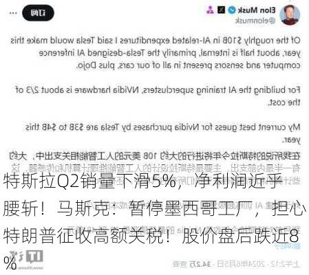 特斯拉Q2销量下滑5%，净利润近乎腰斩！马斯克：暂停墨西哥工厂，担心特朗普征收高额关税！股价盘后跌近8%