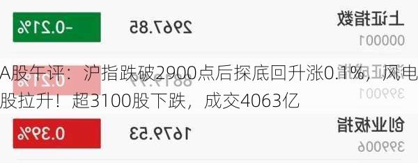 A股午评：沪指跌破2900点后探底回升涨0.1%，风电股拉升！超3100股下跌，成交4063亿