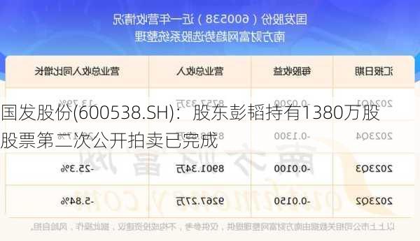 国发股份(600538.SH)：股东彭韬持有1380万股股票第二次公开拍卖已完成