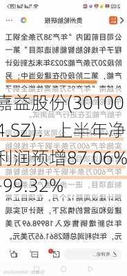 嘉益股份(301004.SZ)：上半年净利润预增87.06%-99.32%