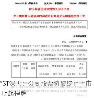 *ST深天：公司股票将被终止上市 明起停牌