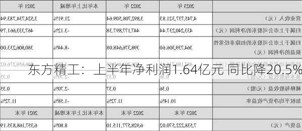 东方精工：上半年净利润1.64亿元 同比降20.5%