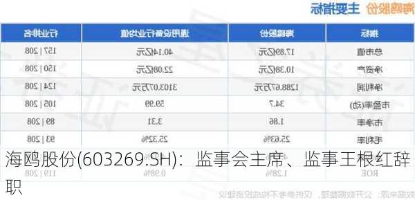 海鸥股份(603269.SH)：监事会主席、监事王根红辞职