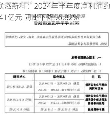 联泓新科：2024年半年度净利润约1.41亿元 同比下降56.82%