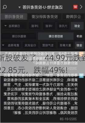 新股破发了，44.99元跌到22.85元，跌幅49%！