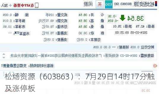 松炀资源（603863）：7月29日14时17分触及涨停板