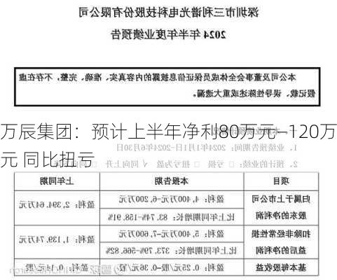 万辰集团：预计上半年净利80万元—120万元 同比扭亏