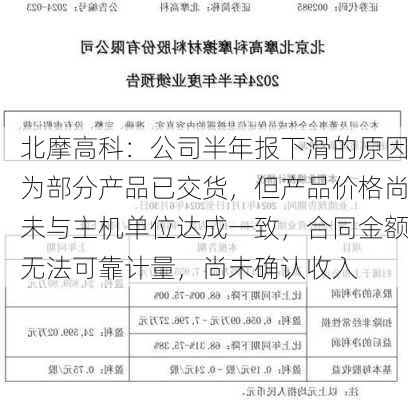 北摩高科：公司半年报下滑的原因为部分产品已交货，但产品价格尚未与主机单位达成一致，合同金额无法可靠计量，尚未确认收入