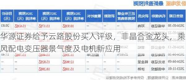 华源证券给予云路股份买入评级，非晶合金龙头，乘风配电变压器景气度及电机新应用