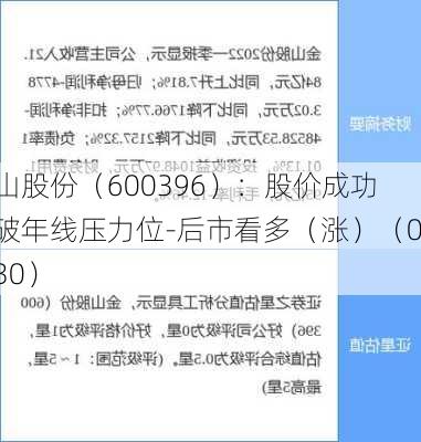 金山股份（600396）：股价成功突破年线压力位-后市看多（涨）（07-30）