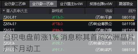 台积电盘前涨1% 消息称其首间欧洲晶片厂下月动工