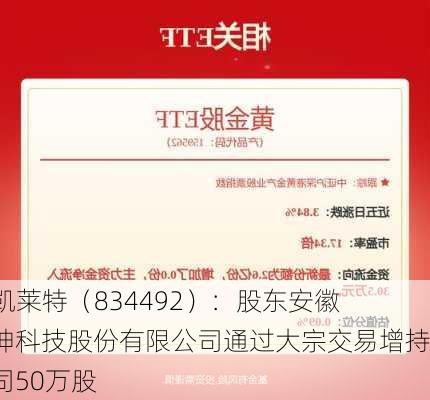 ST凯莱特（834492）：股东安徽金坤科技股份有限公司通过大宗交易增持公司50万股