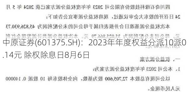 中原证券(601375.SH)：2023年年度权益分派10派0.14元 除权除息日8月6日