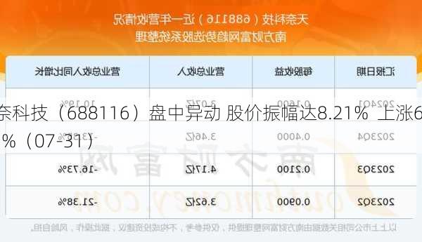 天奈科技（688116）盘中异动 股价振幅达8.21%  上涨6.95%（07-31）