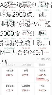 A股全线暴涨！沪指收复2900点，创业板指涨超3%，超5000股上涨！股指期货全线上涨，IM主力合约涨5.12%