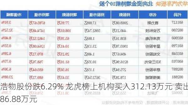 浩物股份跌6.29% 龙虎榜上机构买入312.13万元 卖出86.88万元