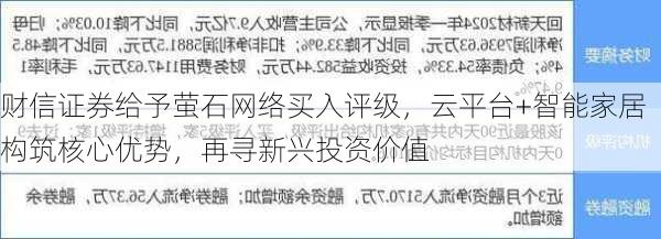 财信证券给予萤石网络买入评级，云平台+智能家居构筑核心优势，再寻新兴投资价值