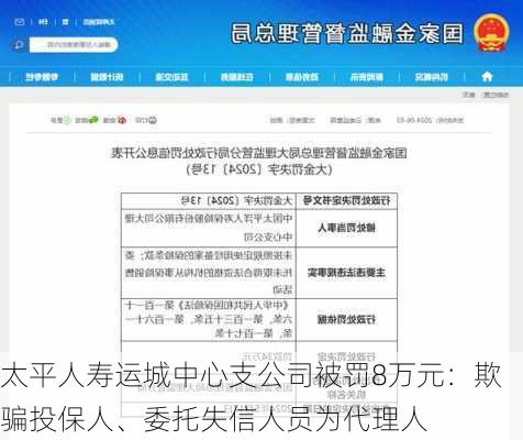 太平人寿运城中心支公司被罚8万元：欺骗投保人、委托失信人员为代理人