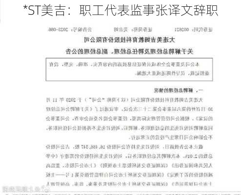 *ST美吉：职工代表监事张译文辞职