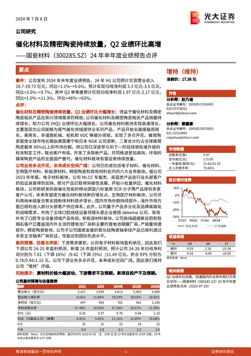 民生证券给予国瓷材料推荐评级，2024年半年报点评：Q2业绩符合预期，新产品逐步放量