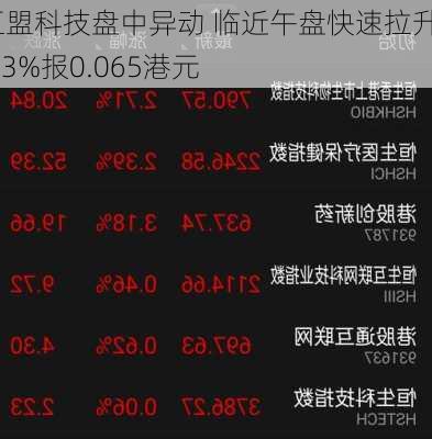 豆盟科技盘中异动 临近午盘快速拉升8.33%报0.065港元