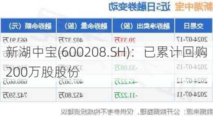 新湖中宝(600208.SH)：已累计回购200万股股份