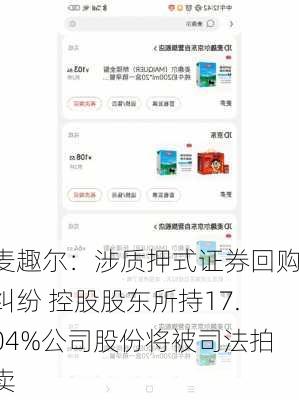 麦趣尔：涉质押式证券回购纠纷 控股股东所持17.04%公司股份将被司法拍卖