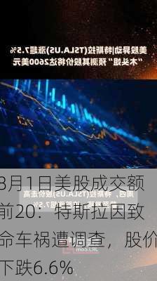 8月1日美股成交额前20：特斯拉因致命车祸遭调查，股价下跌6.6%